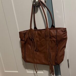 French Connection Tan Tote with Fringe